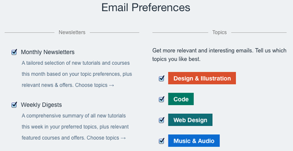 Email Preferences - settings example.