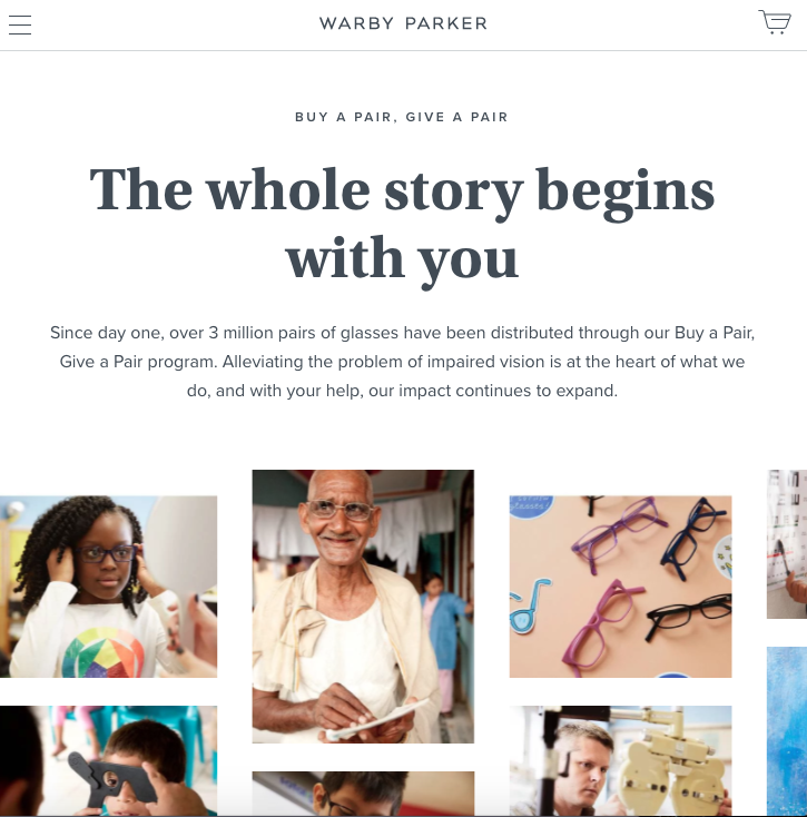 Warby Parker homepage charity screenshot
