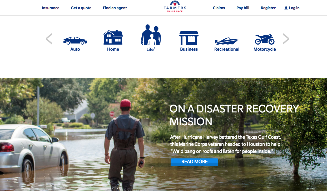 A screenshot of farmers insurance homepage.