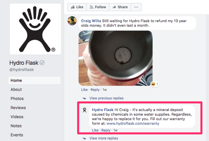 Example of Hydro Flask responding to a customer's comment via Facebook comments