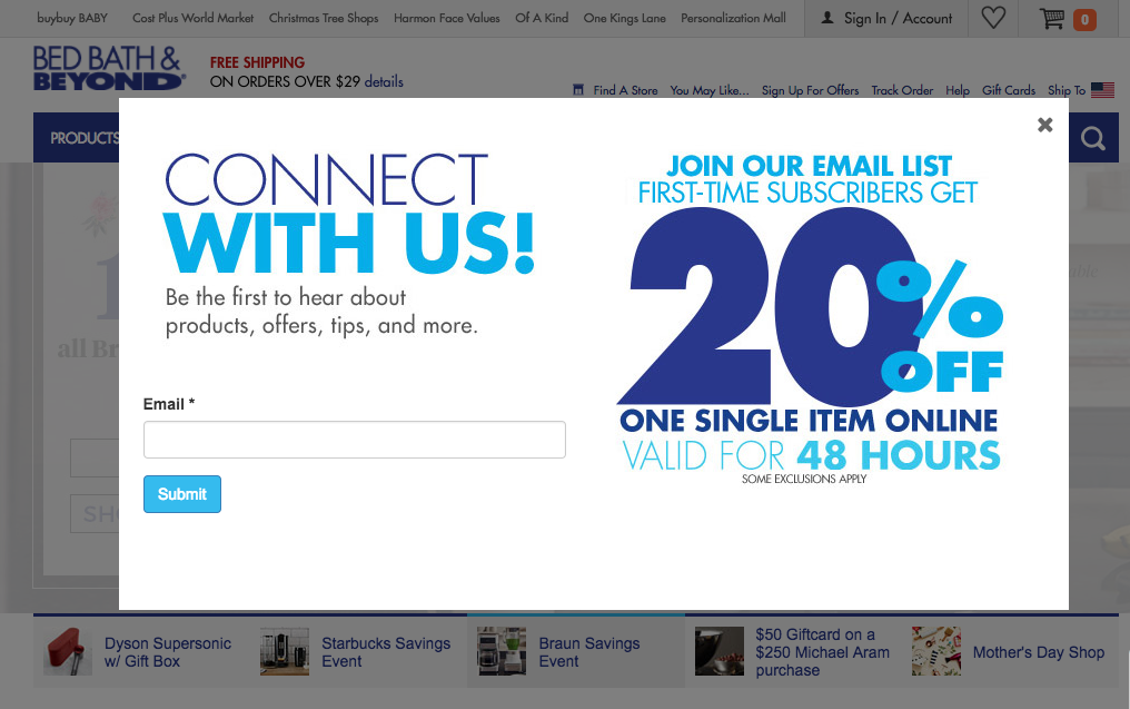 Bed Bath and Beyond incentivized email signup prompt.