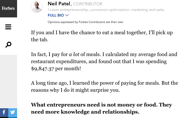 A screenshot of a guest post written by Niel Patel for Forbes. 
