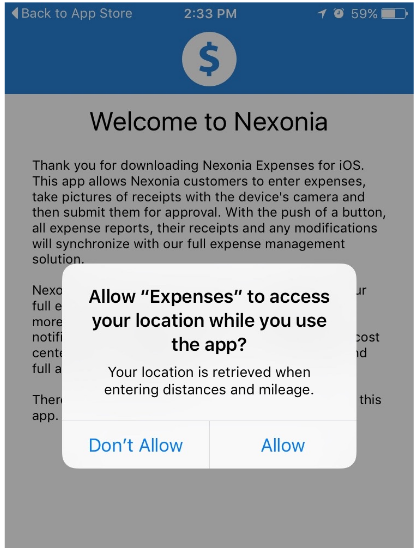 Nexonia app asking permission.