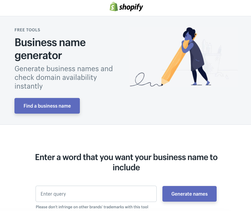 Shopify business name generator tool.