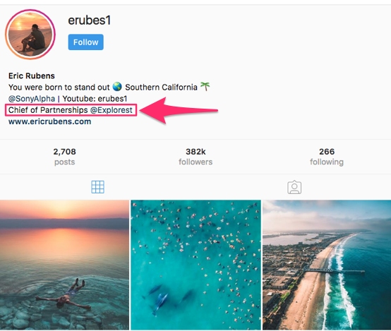 Instragram profile erubes1 - chief partnerships @Explorest example