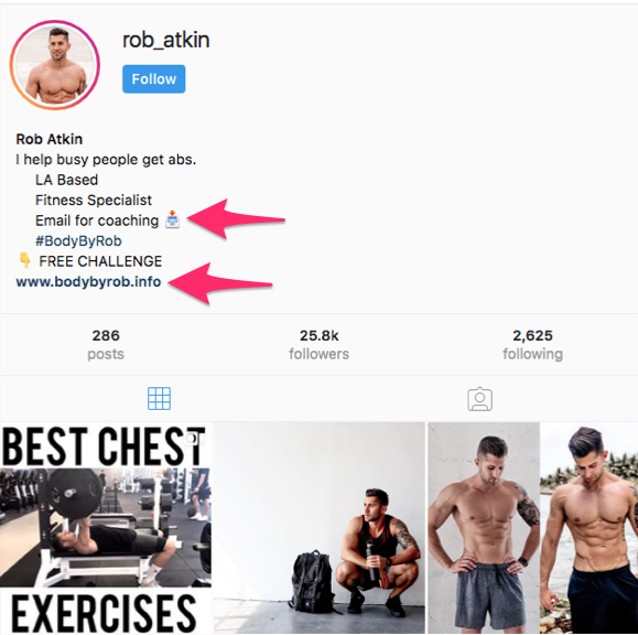 Rob_atkin Instagram profile advertising his services as a fitness specialist for coaching and linking his website
