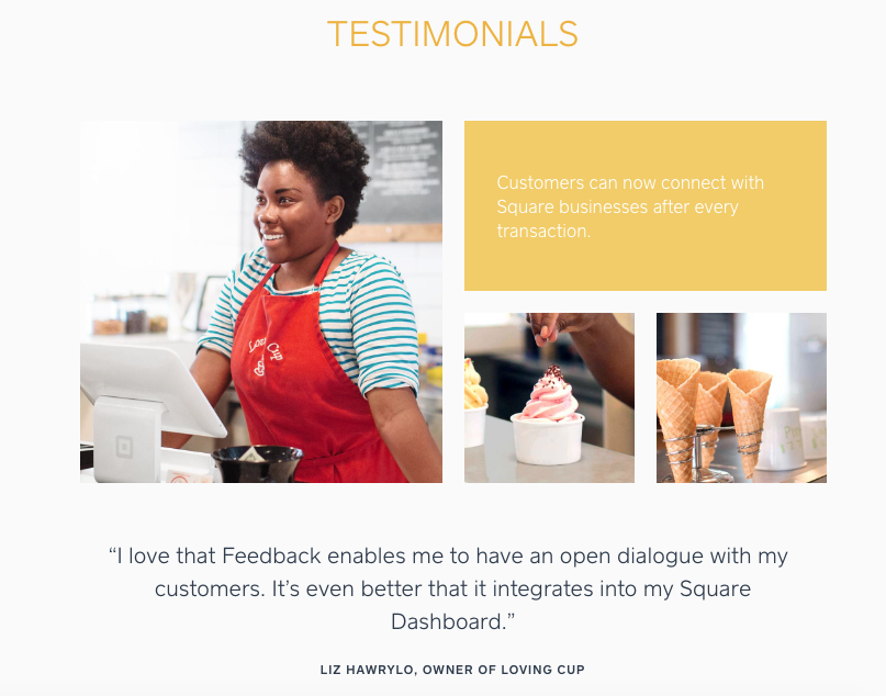 A customer testimonial on the Square homepage.