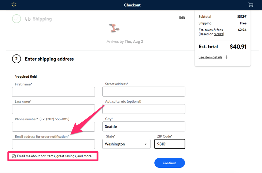 walmart checkout screen with email opt in feature.