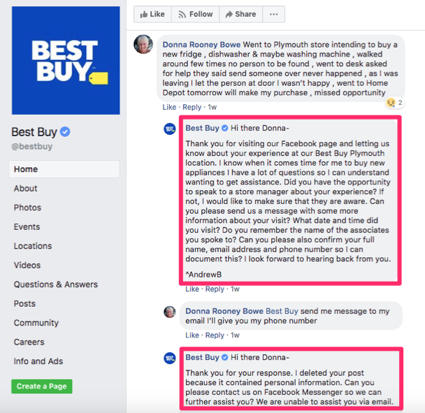 Best Buy Facebook response to a complaint.