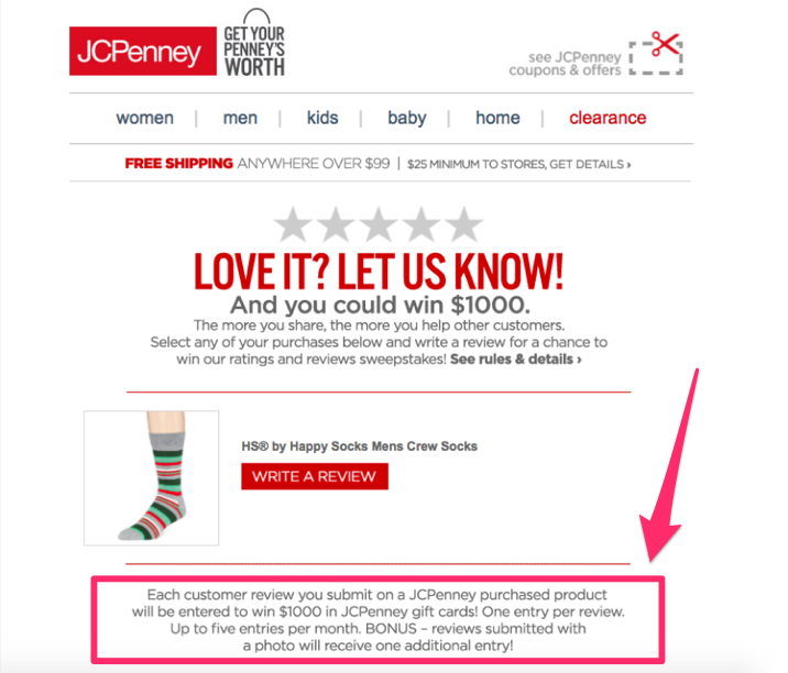 JC Penny email example showcasing a request for picture reviews. 