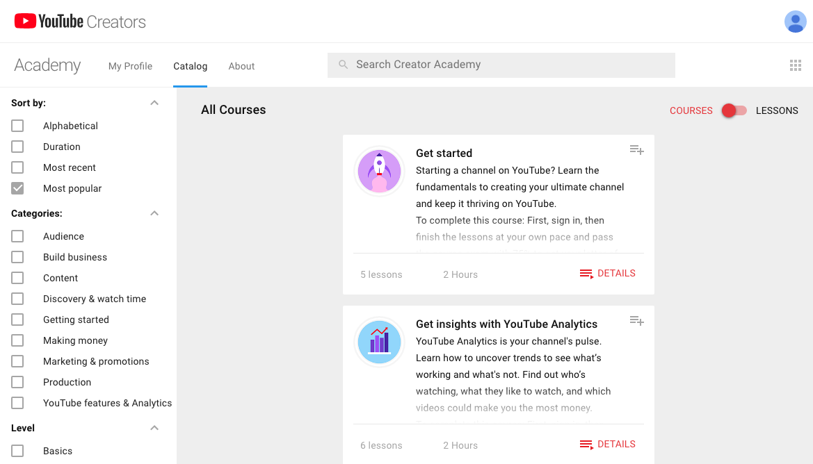 creator academy courses and tutorials from YouTube for creators.