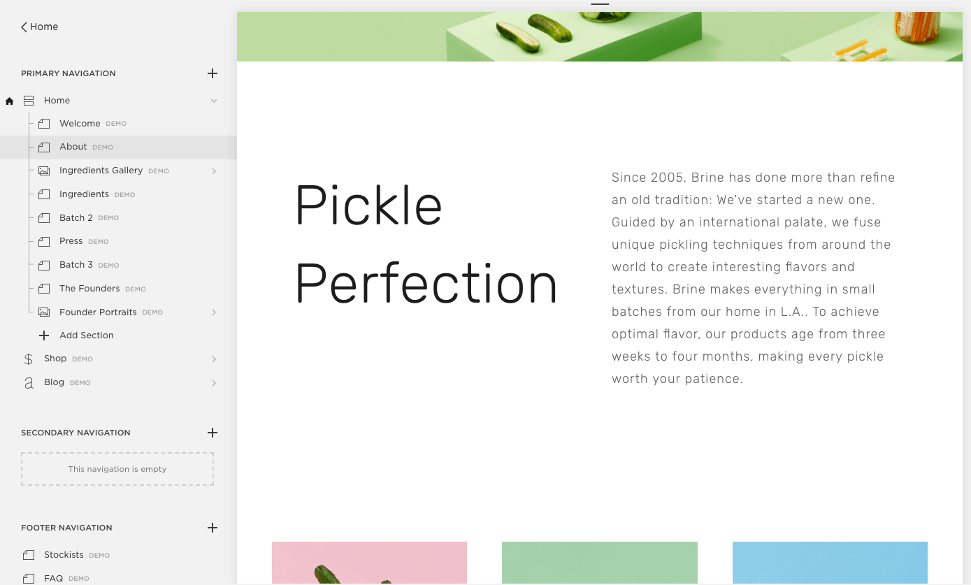 Squarespace website builder editor and page selector