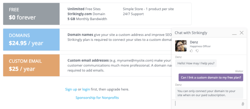 Strikingly free ecommerce support confirms you have to use a subdomain