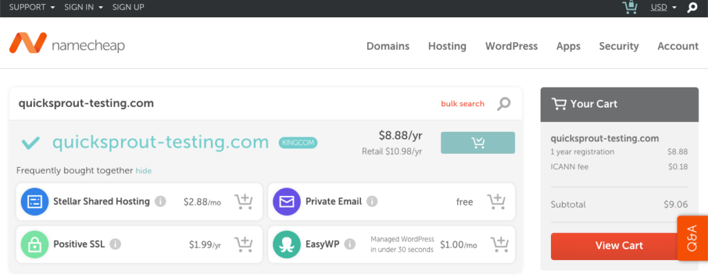 Namecheap upsells during domain registration