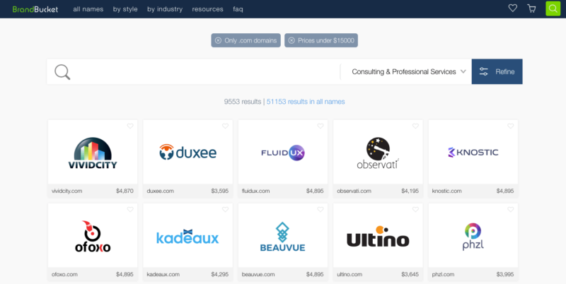BrandBucket domain name research screen