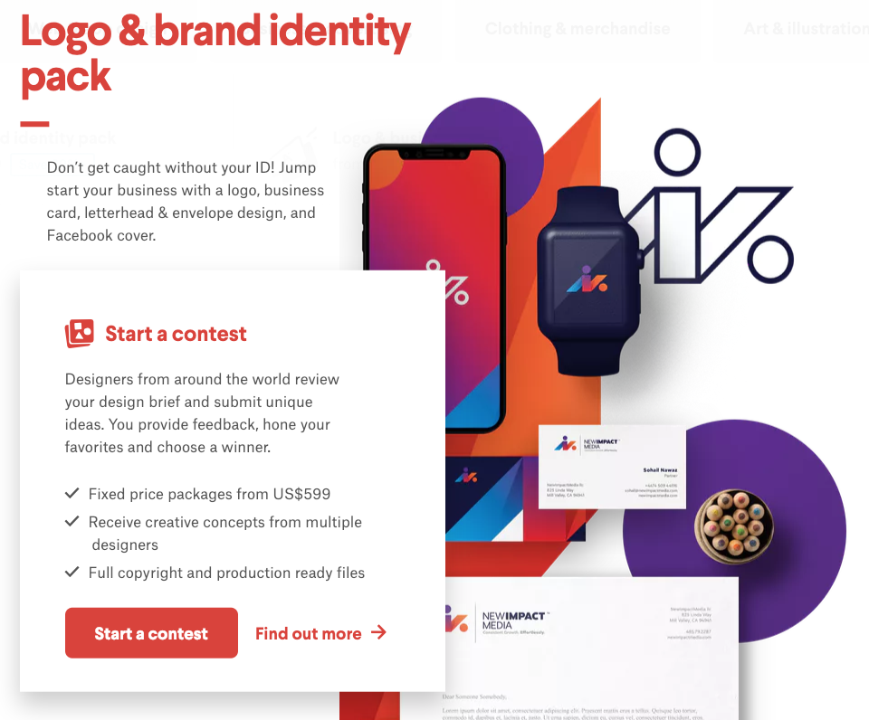 99 Designs logo and brand identity pack start a contest CTA.