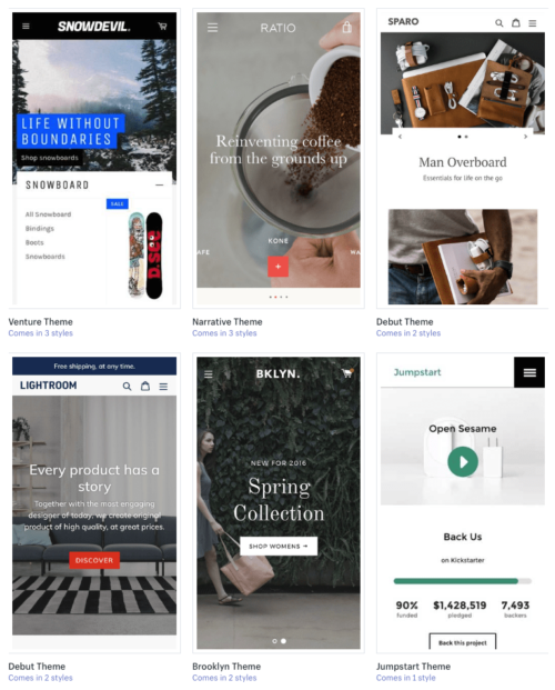 Thumbnails of six Shopify ecommerce templates