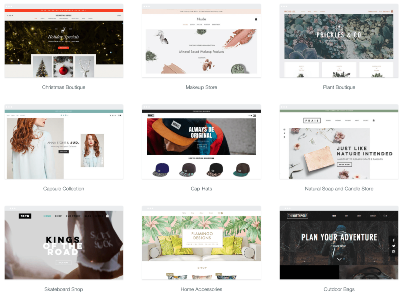 Thumbnails of nine Wix online store templates