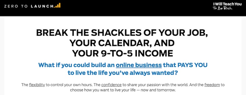 Screenshot of Zero to Launch landing page