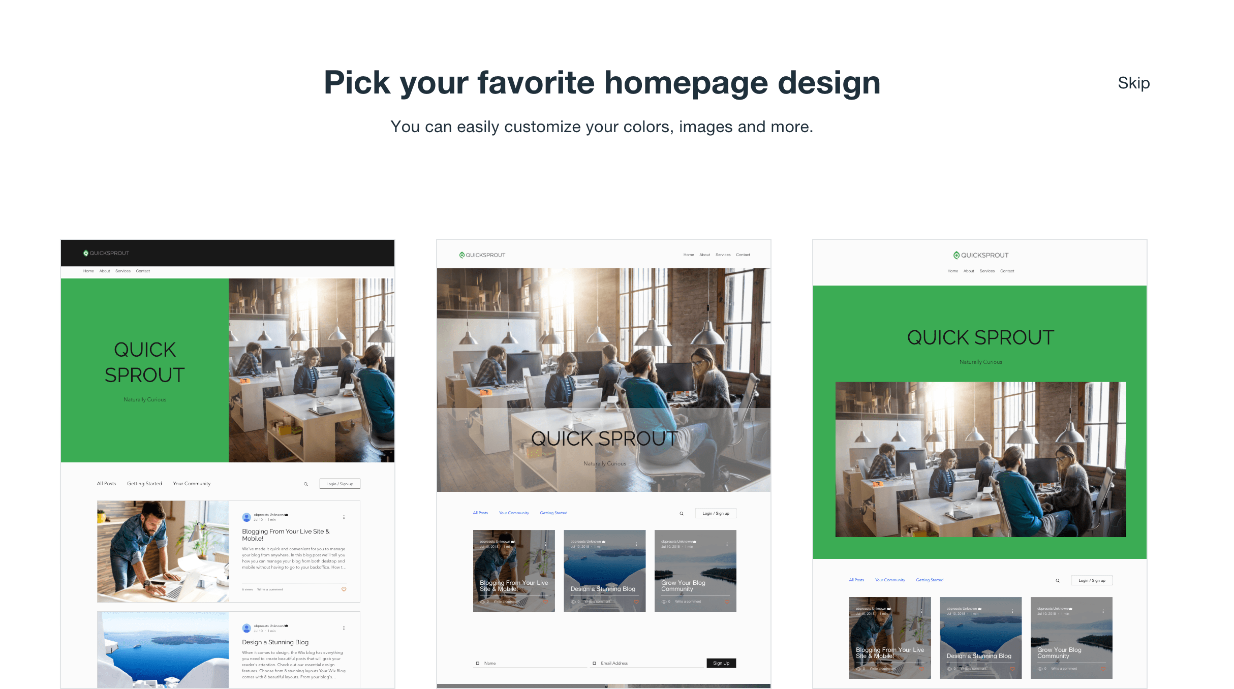 Wix pick your homepage AI builder