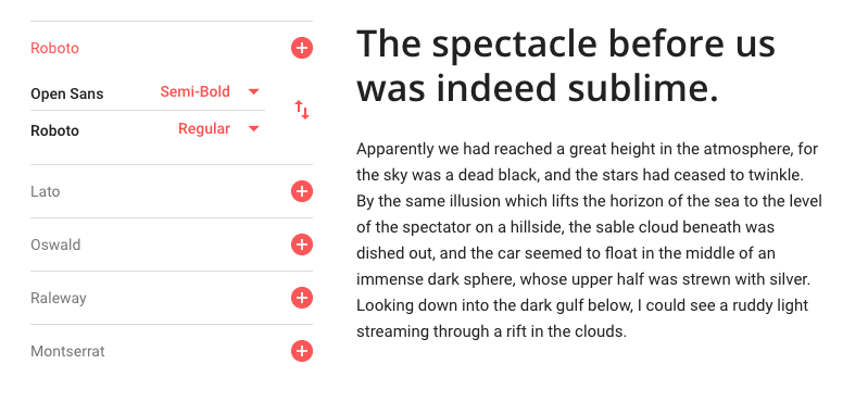 Open Sans Semi-Bold is the header font, and Roboto Regular is the body copy font.