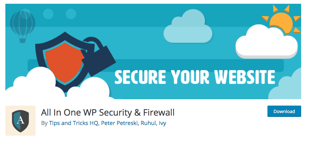 All In One WP Security & Firewall WordPress security plugin download page.