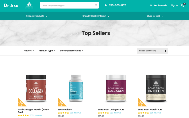 Dr Axe homepage with top sellers images.