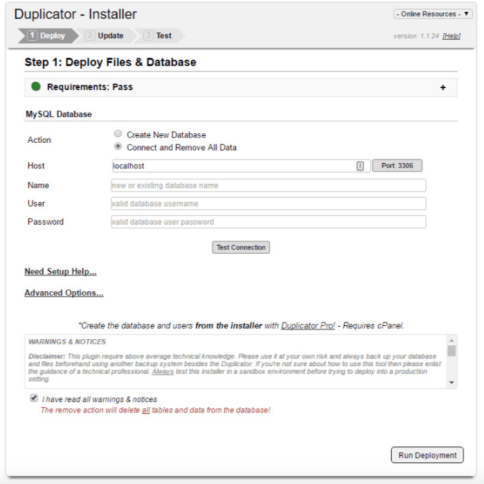 Duplicator installer prompt screen.