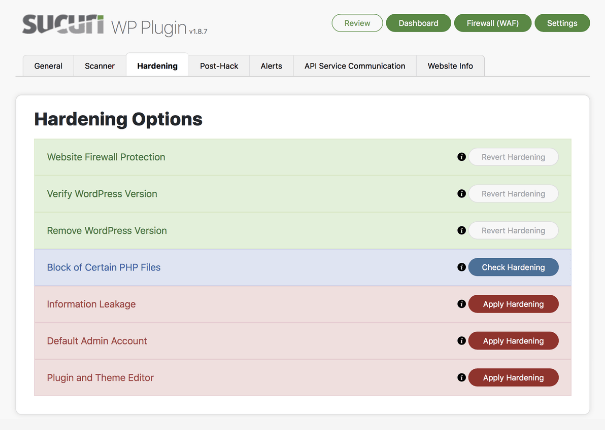 Sucuri Security WordPress security plugin hardening options example.