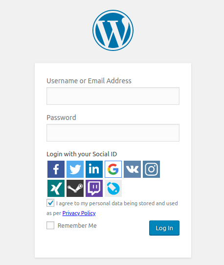 Super Socializer WordPress login screen.