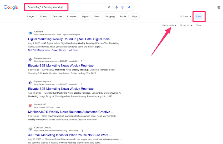 Marketing link roundup search on Google