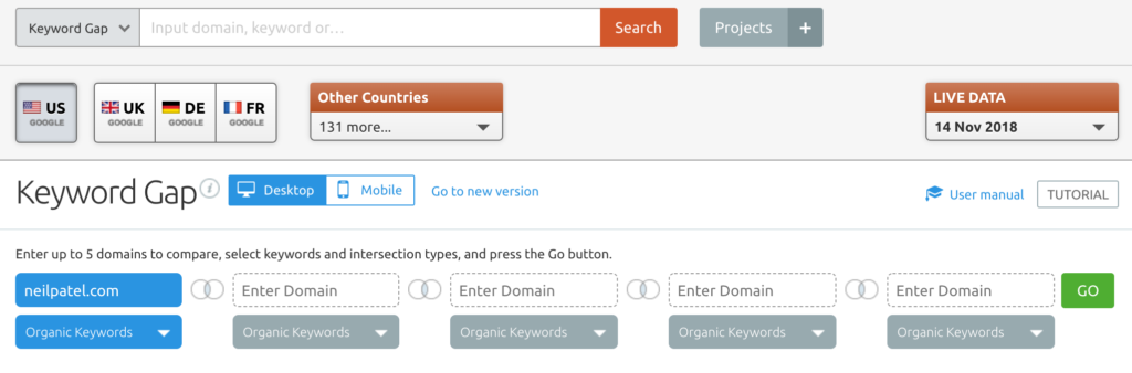 SEMRush - Keyword Gap Competitor