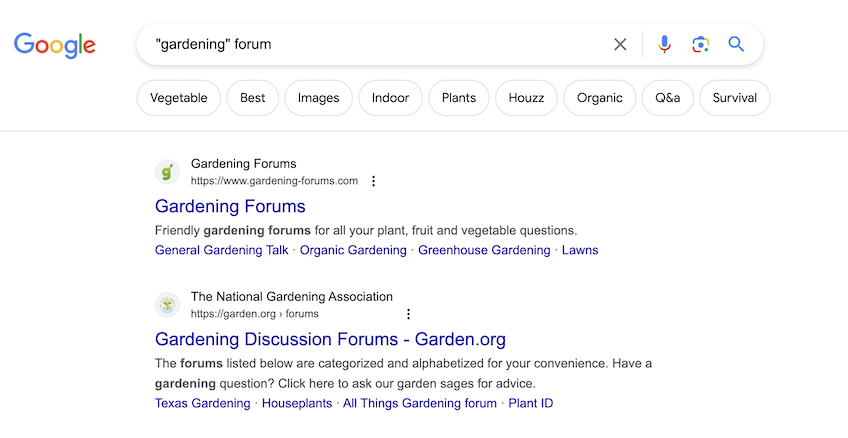 Screenshot of Google's search results for the term "gardening" forum