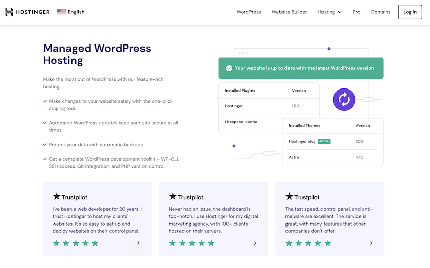 Screenshot from Hostinger's managed WordPress hosting landing page