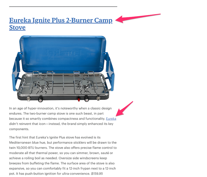 REI blog post showing a camping burner in the copy