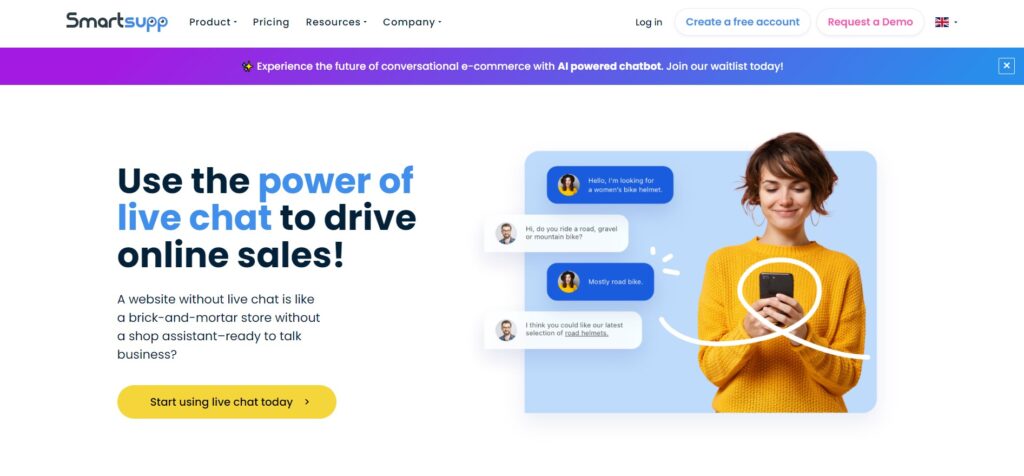 A screenshot of the Smartsupp chatbot landing page.