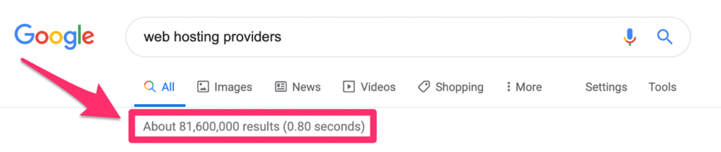 Web Hosting Providers Google search results