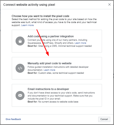 Manually add pixel code to your website 