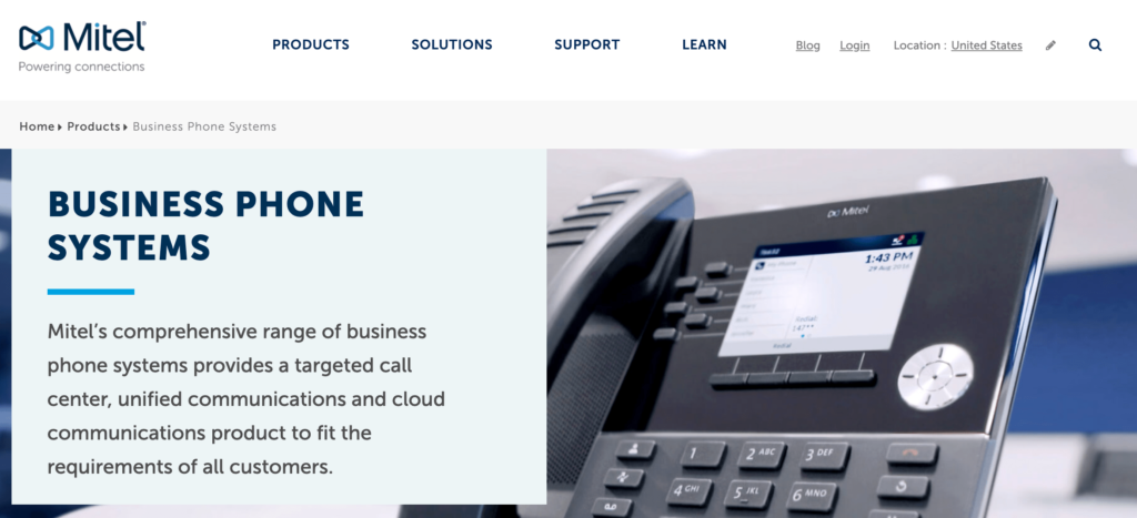 Mitel home page.