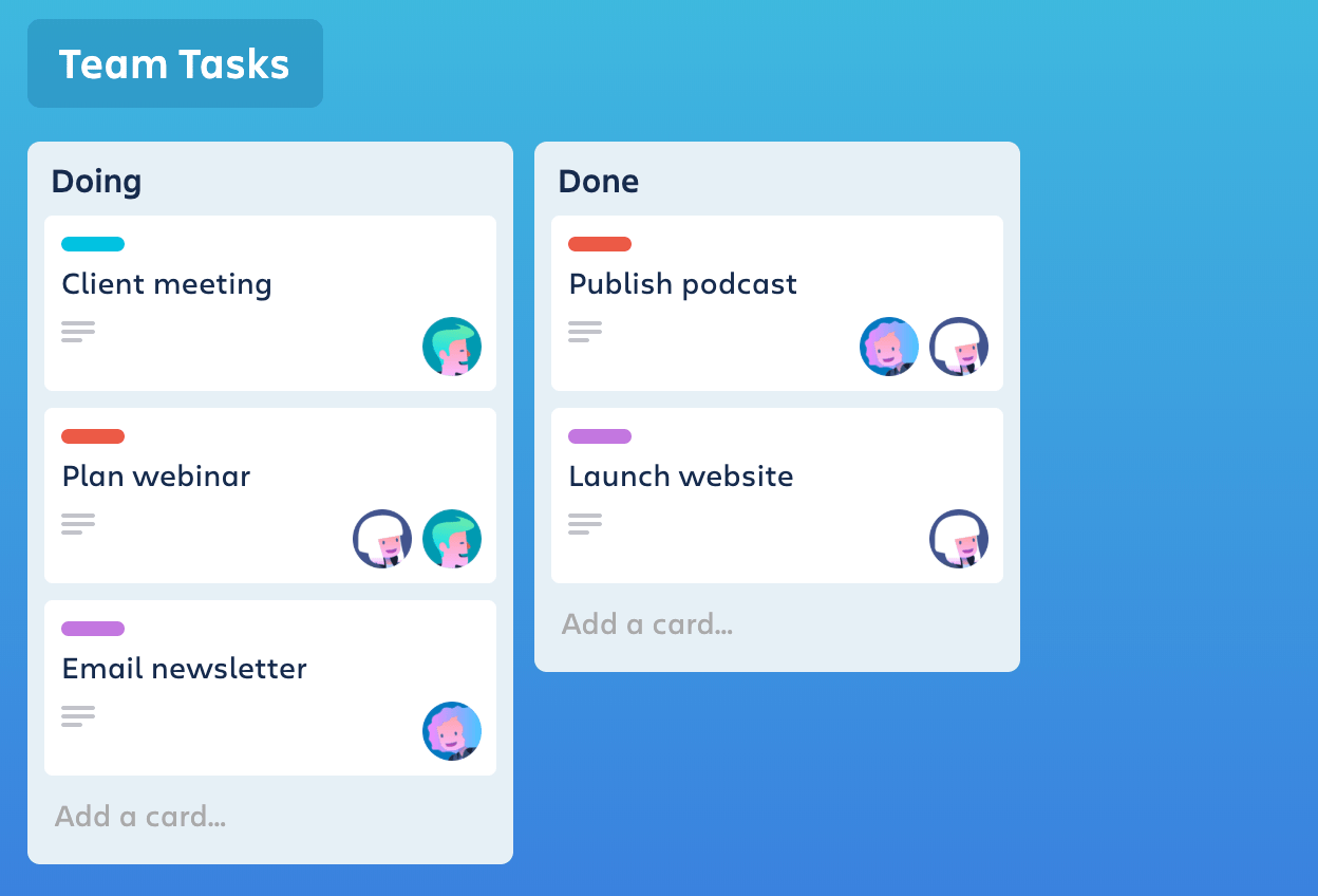 Trello team task cards demo screen.