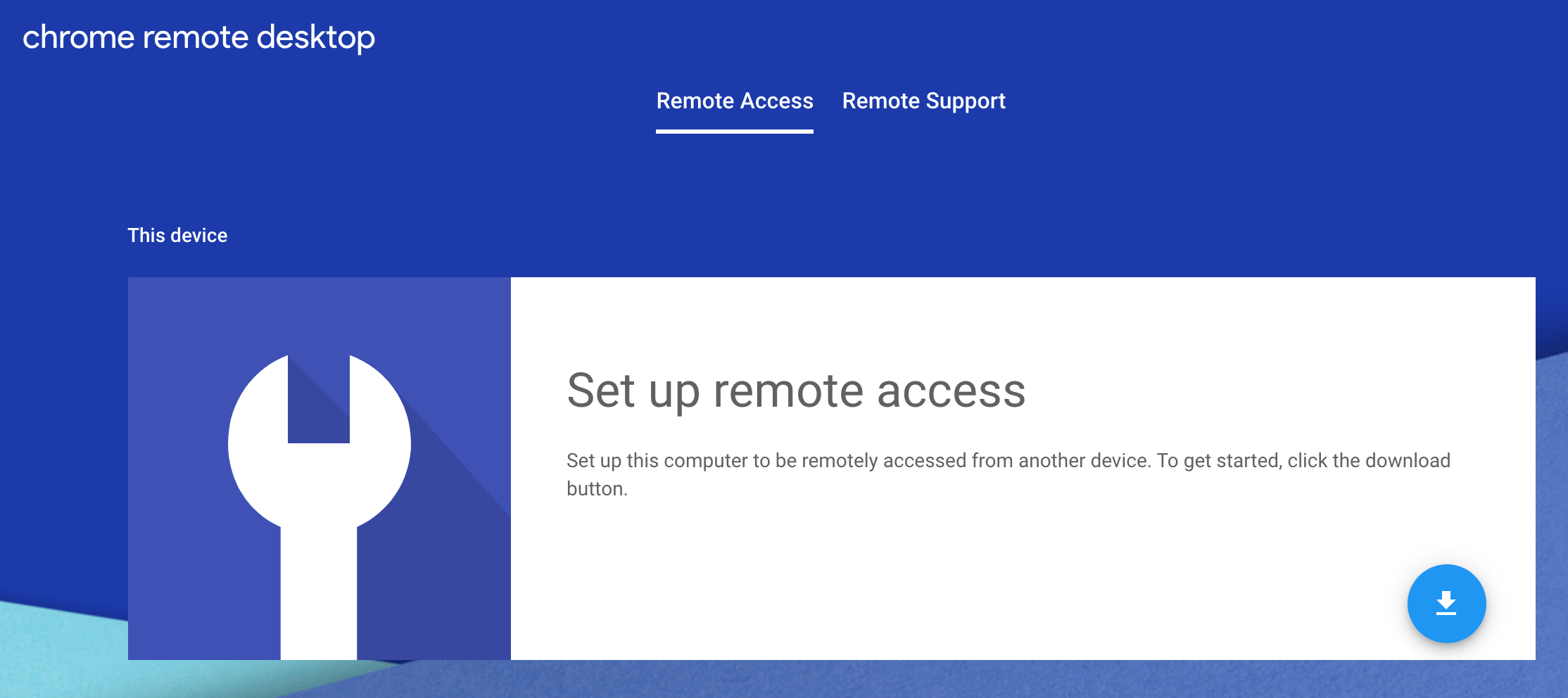 Chrome Remote Desktop remote access setup screen.