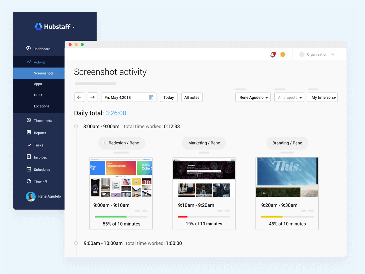 Hubstaff activity screenshots.