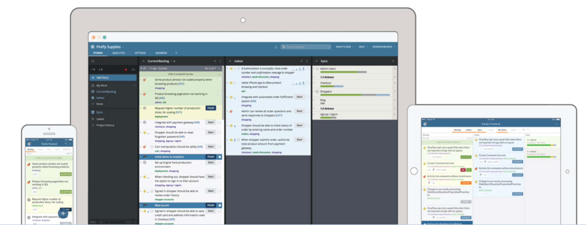Pivotal Tracker agile project management tool project workflow on multiple devices example.