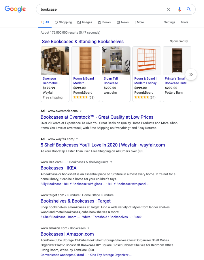 Google search for bookcase with results example.