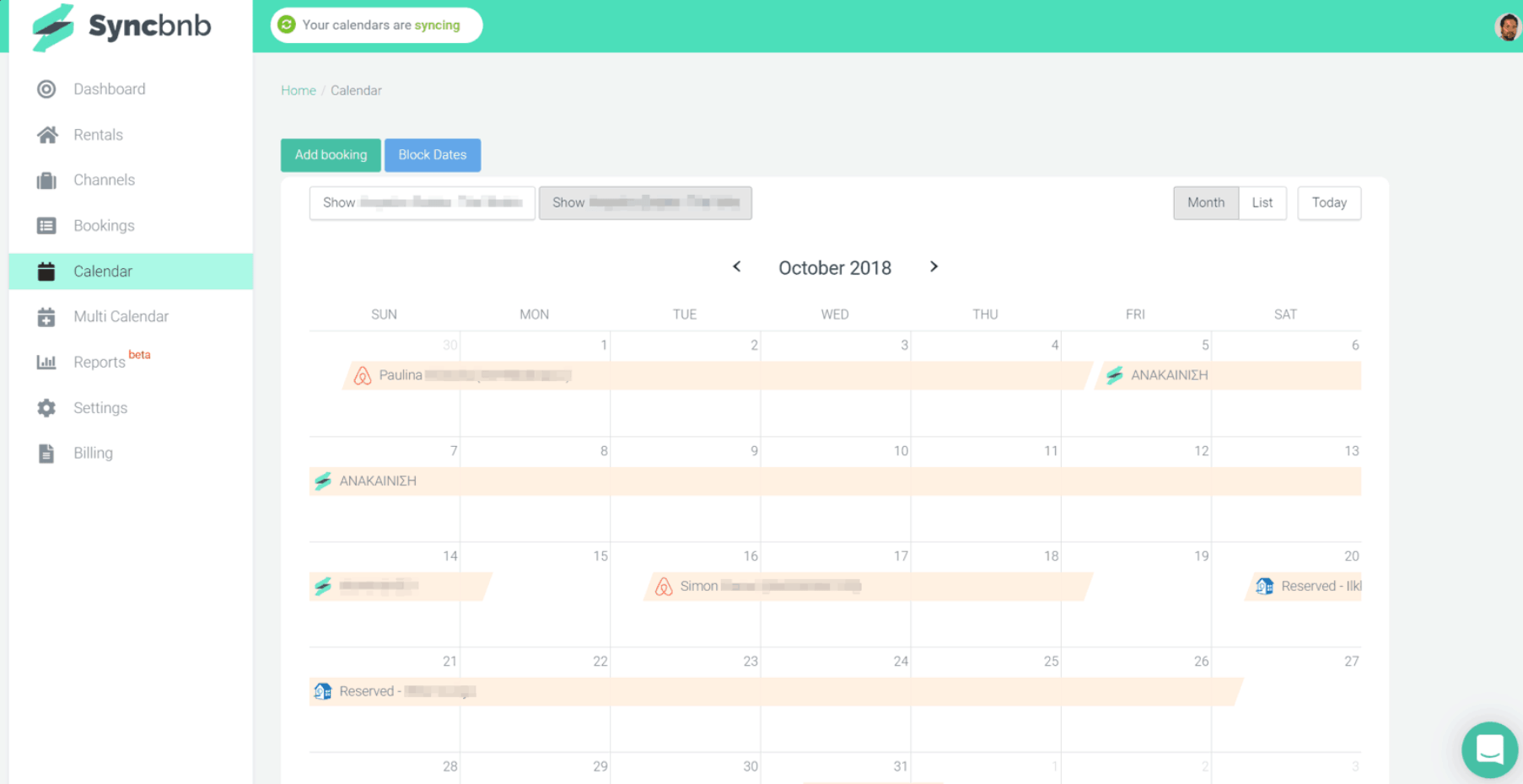 Syncbnb calendaring functionality demo screen.