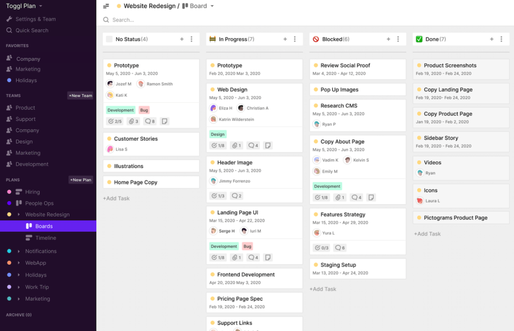 Toggl Plan agile project management tool project workflow dashboard example.