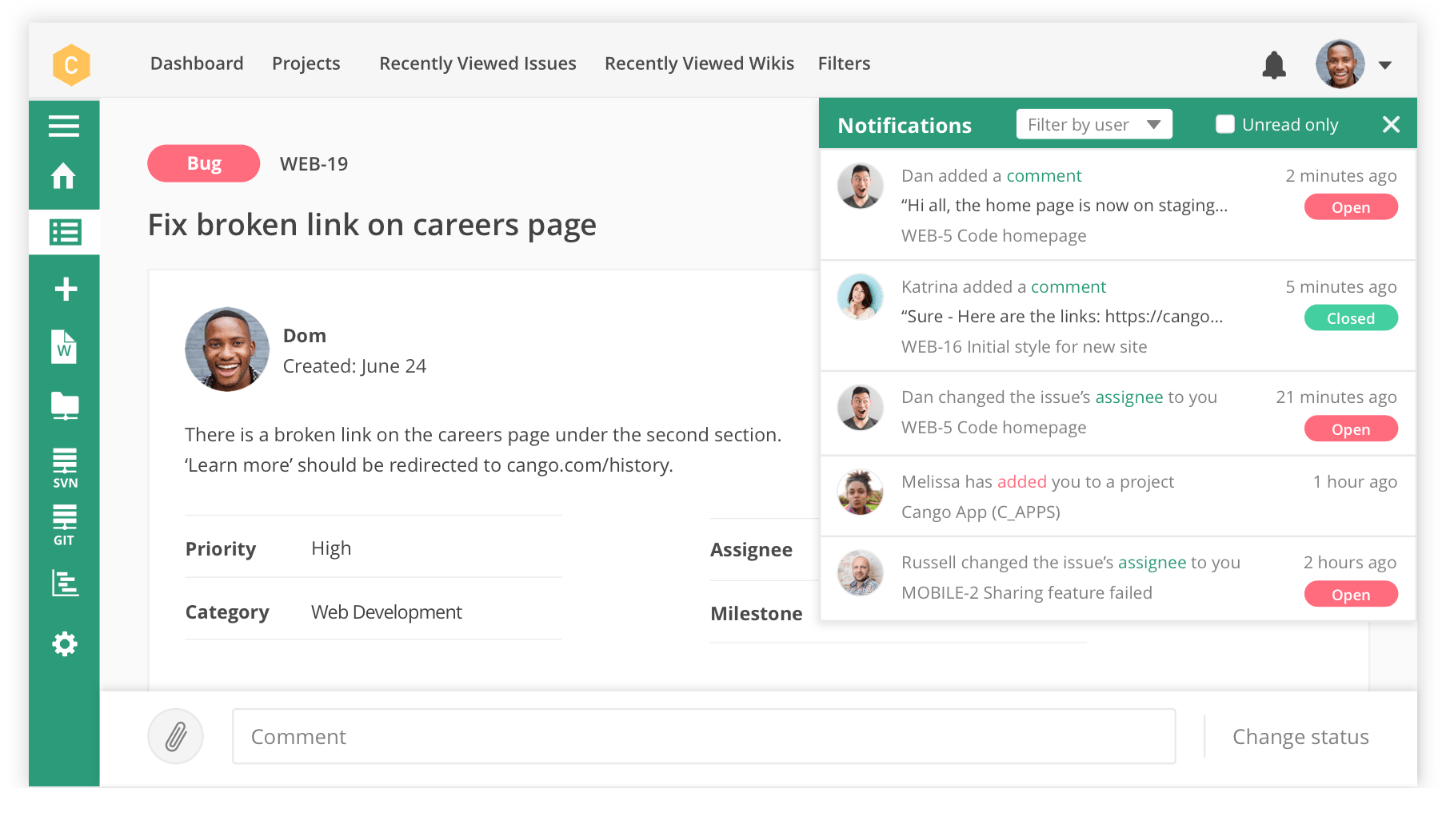 Backlog workflow management solution communication and notification example.