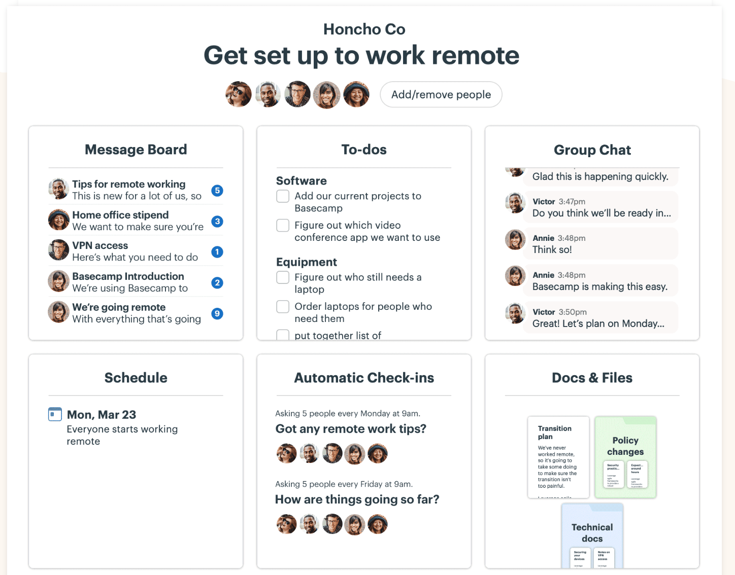 Basecamp collaboration software features list page.