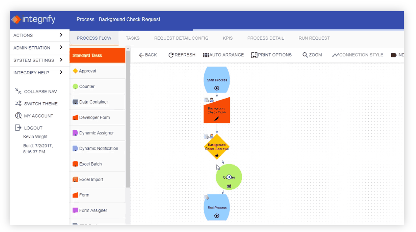 Integrify workflow management solution drag-and-drop process builder example.