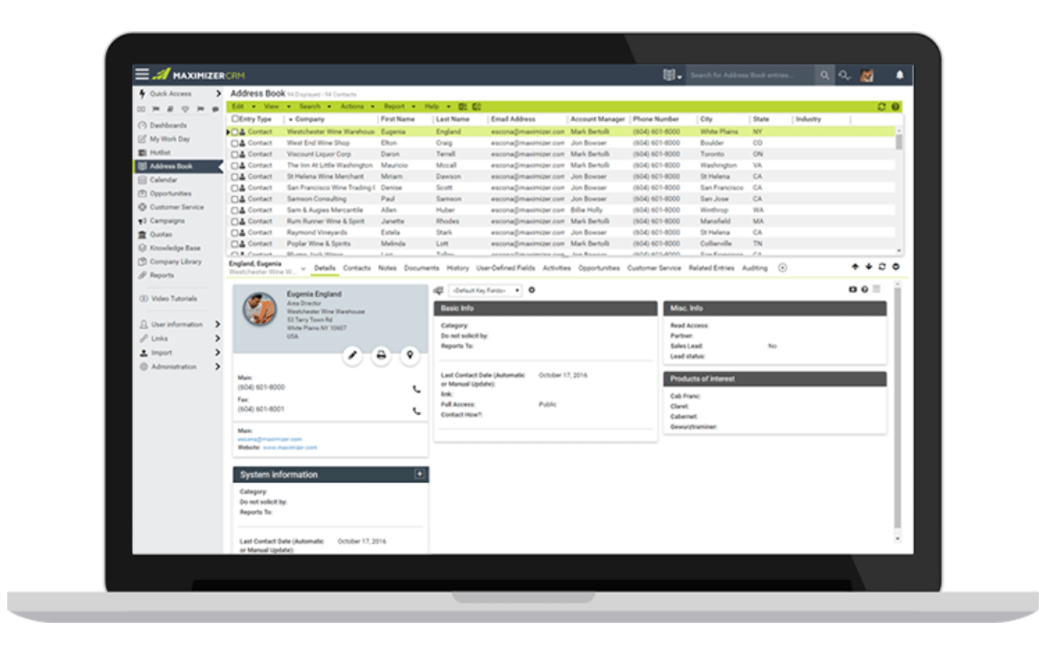 Maximizer CRM contact management software all-in-one solution dashboard with contacts and email example.